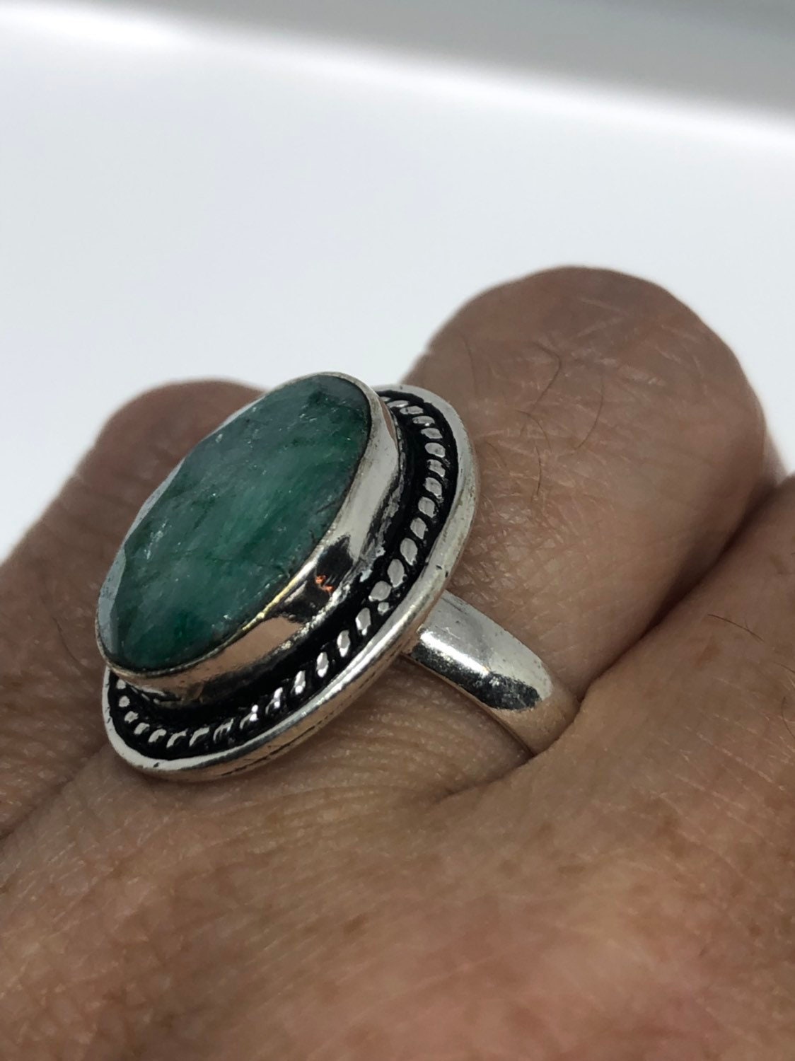Vintage Green Raw Emerald Silver Bronze Statement Boho Ring