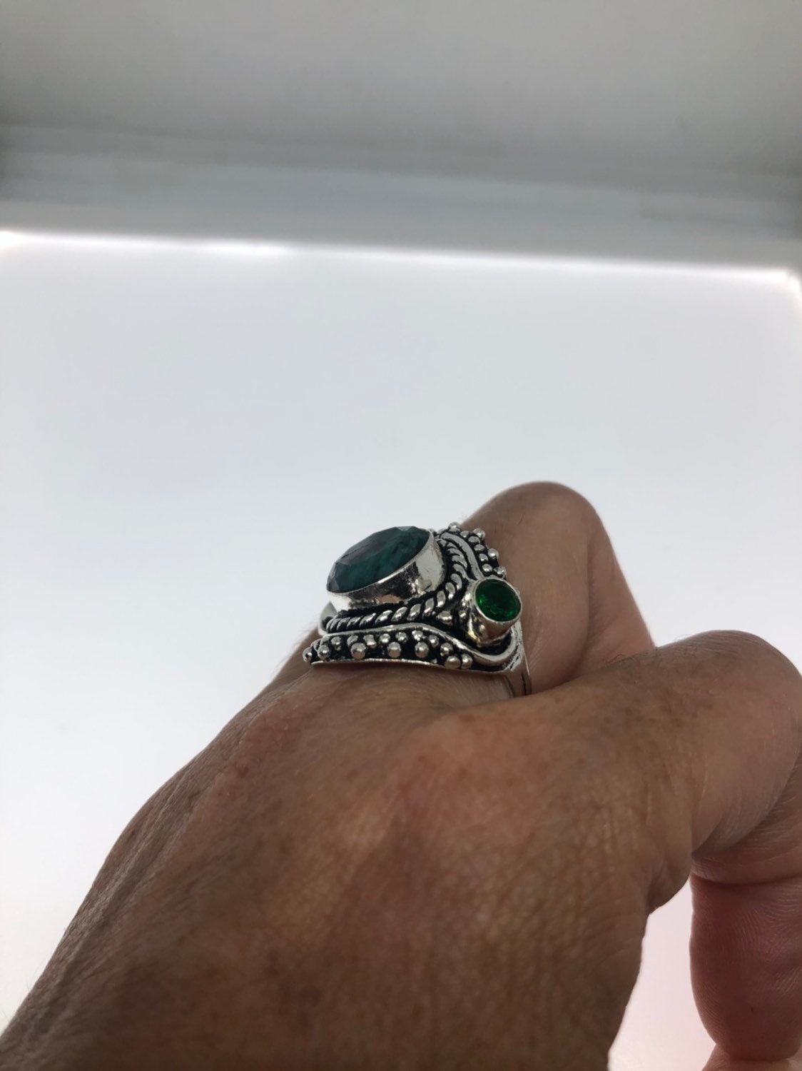 Vintage Green Raw Emerald Silver Bronze Statement Boho Ring