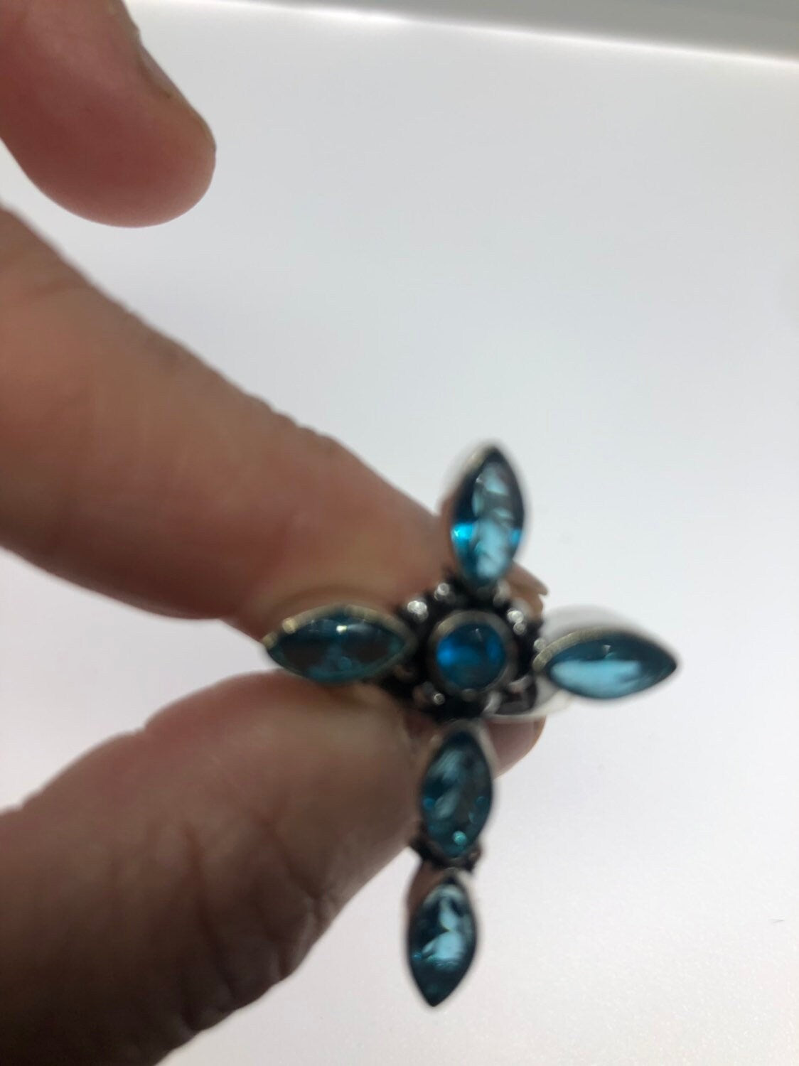 Vintage Genuine Blue Topaz Cross Silver Ring