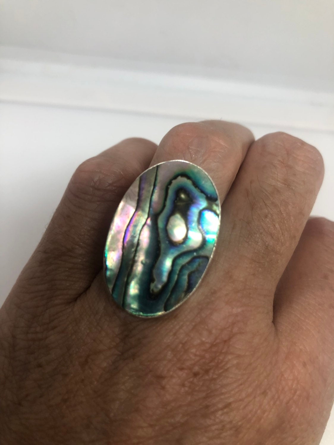Antique Green Abalone White Bronze Silver Ring