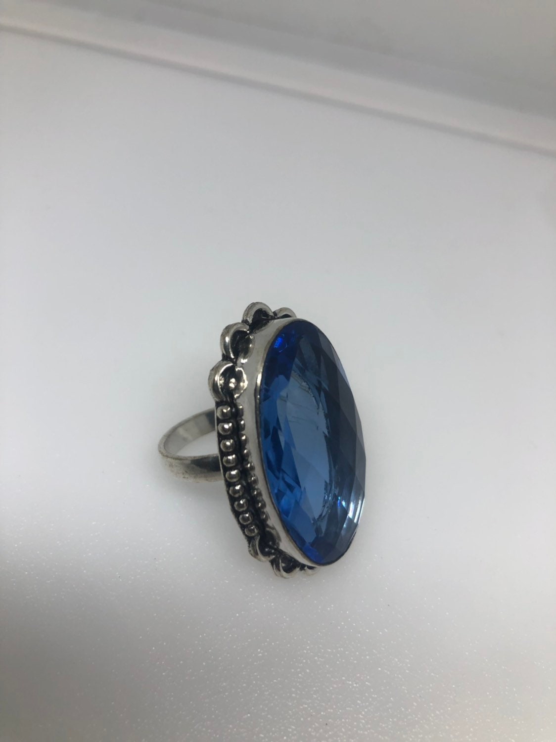 Vintage Blue Art Glass Ring, German Silver Size 8