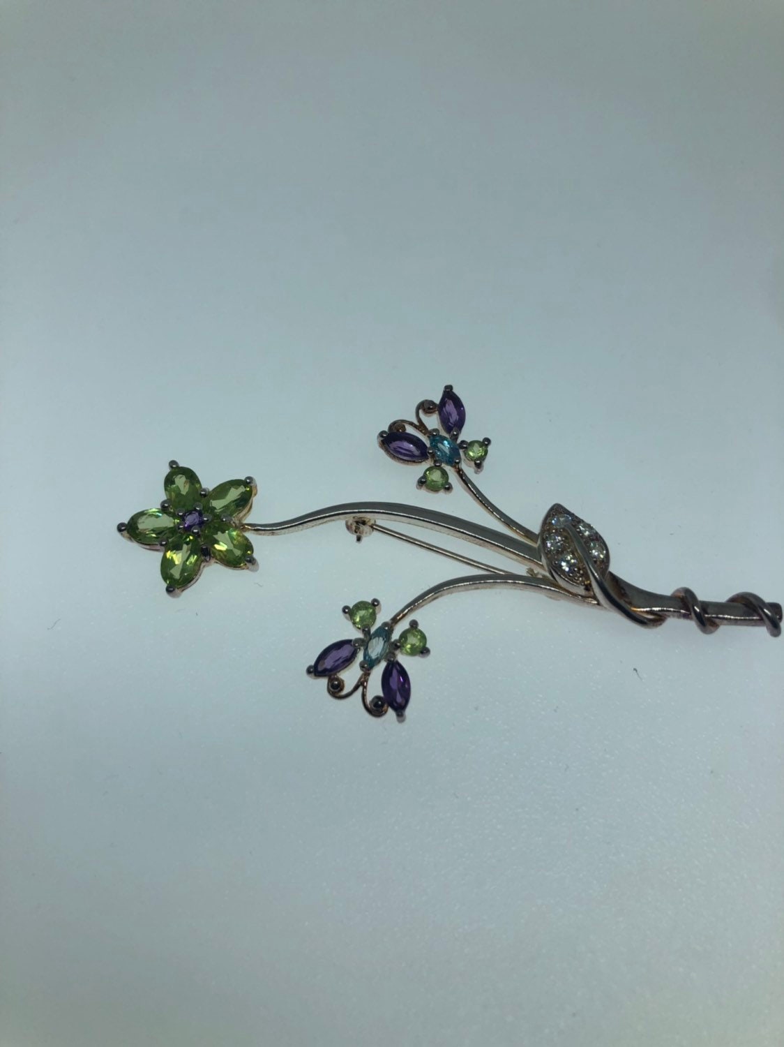 Antique Brooch 925 Sterling Silver Genuine Peridot and Gemstone Flower Pin