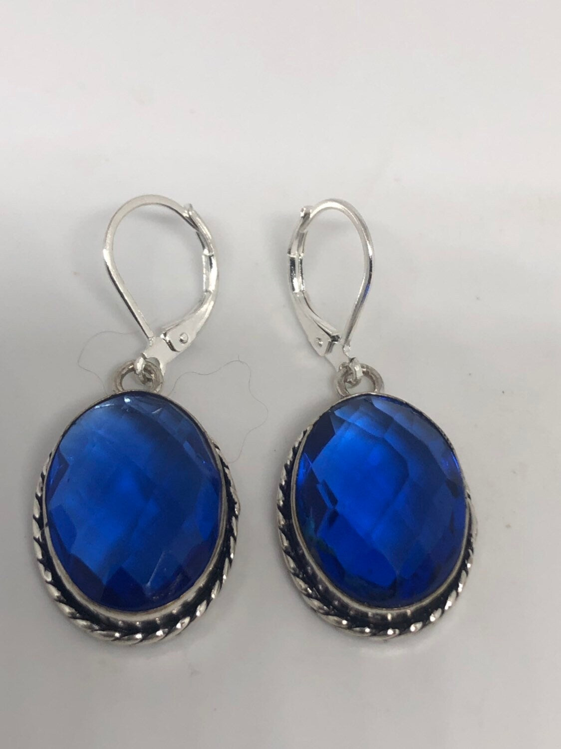 Antique Vintage Cobalt Blue Volcanic Glass Silver Dangle Earrings