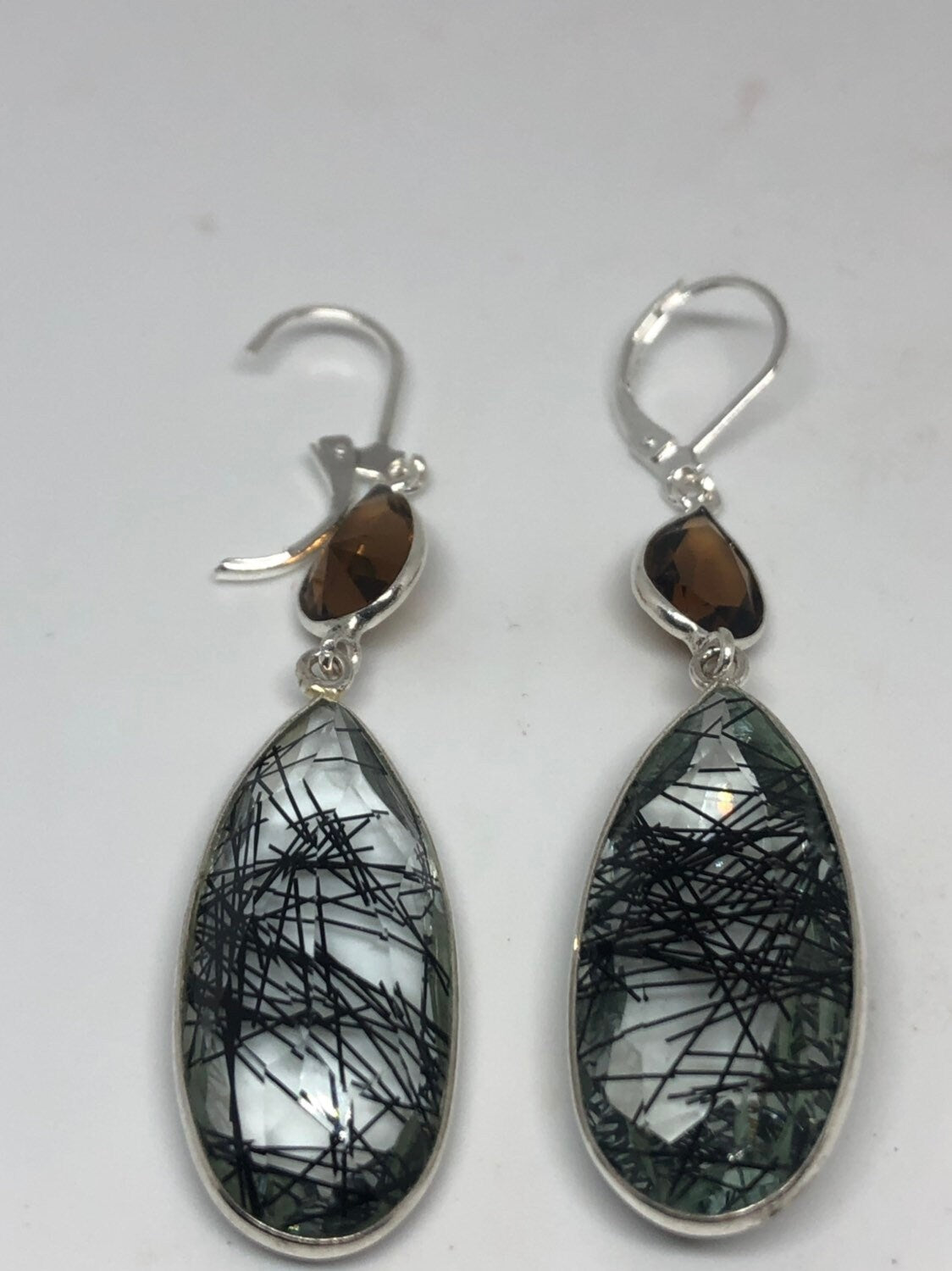 Antique Vintage Faux Black Rutile Glass Silver Dangle Earrings