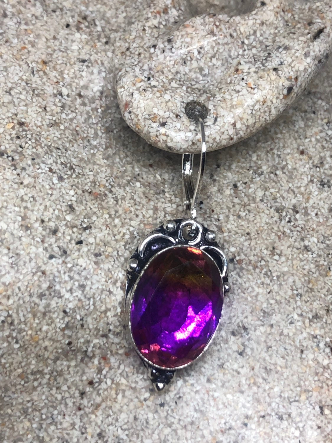 Antique Vintage Purple Volcanic Glass Silver Dangle Earrings