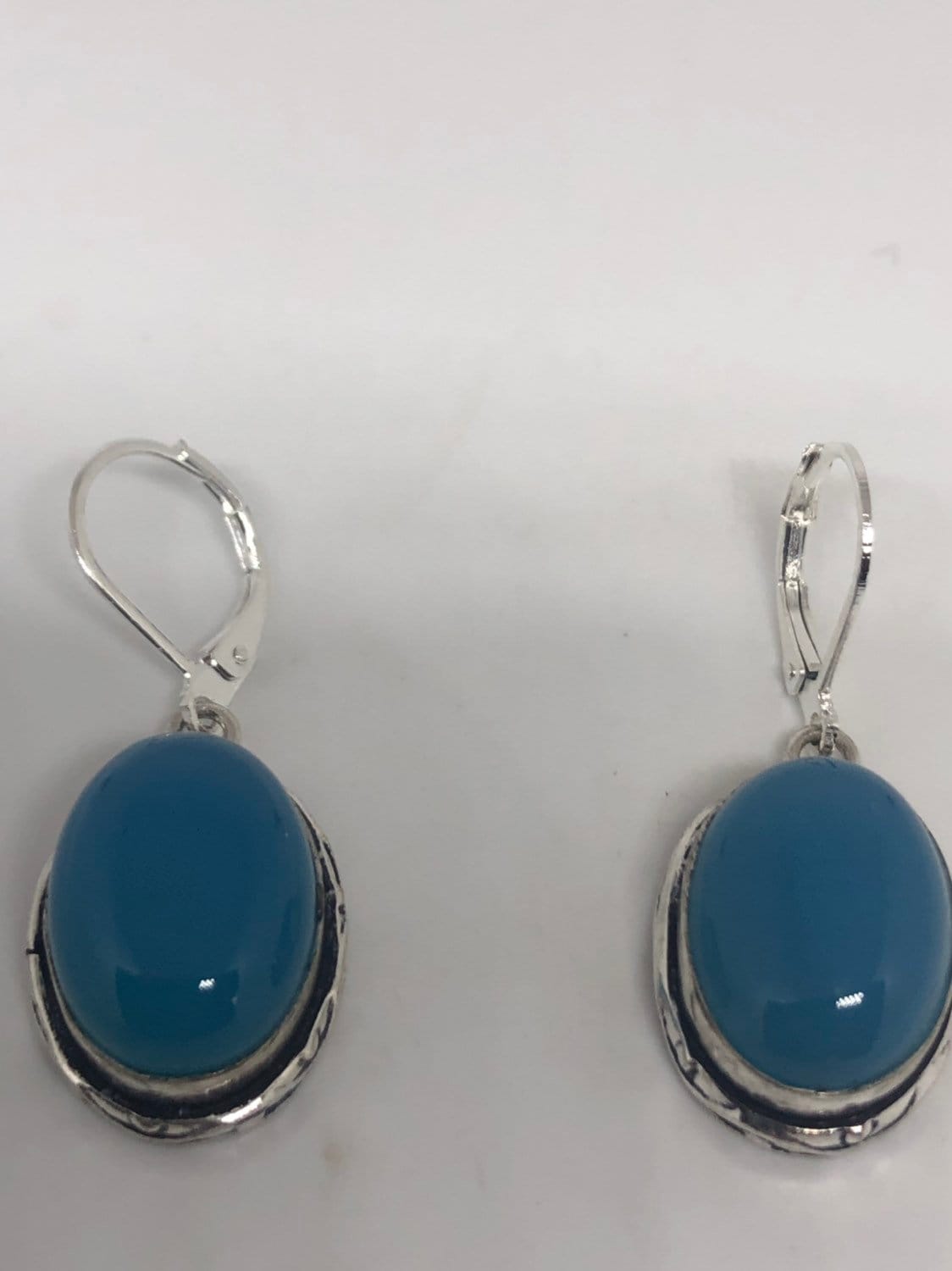 Vintage Blue Chalcedony Earrings Silver Dangle