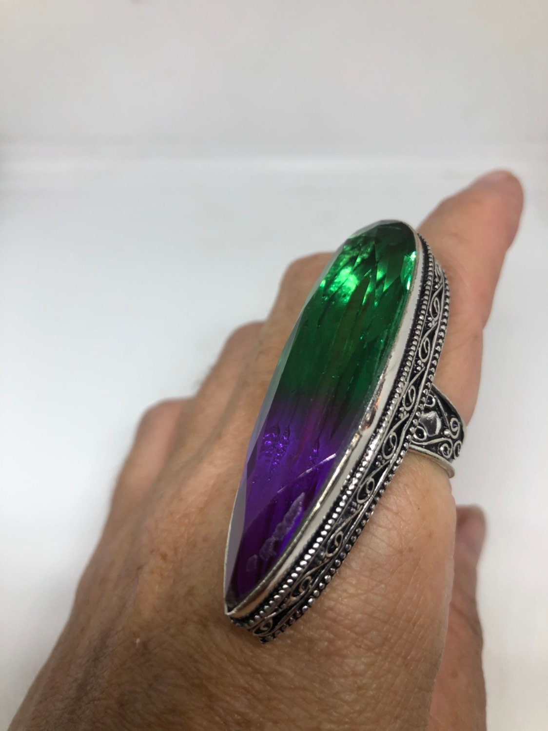 Vintage Art Glass Ring, German Silver Ornate Knuckle Ring, Size 7.25