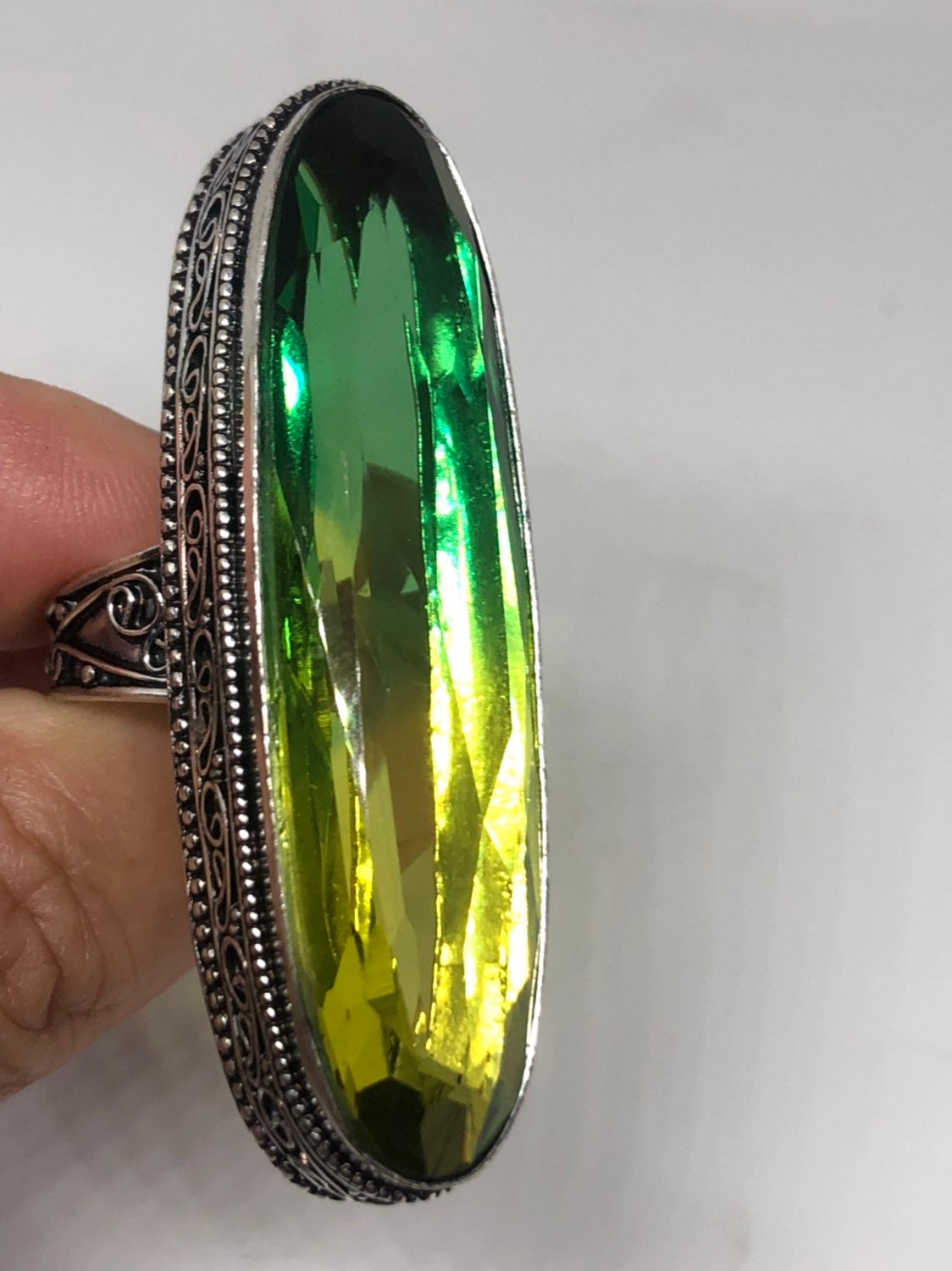 Vintage Art Glass Ring, Ornate German Silver, Size 8.75