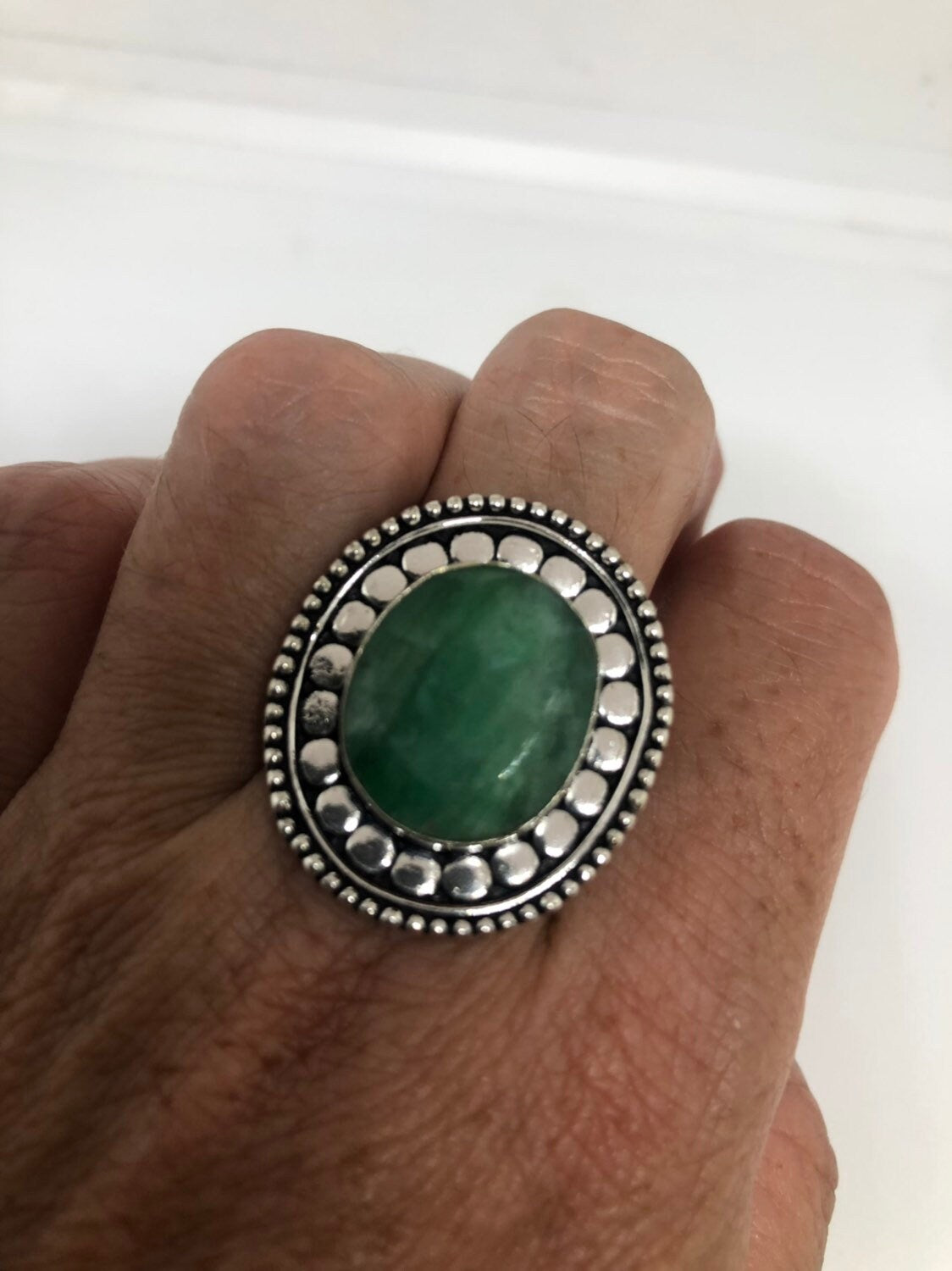 Vintage Green Raw Emerald Silver Bronze Statement Boho Ring