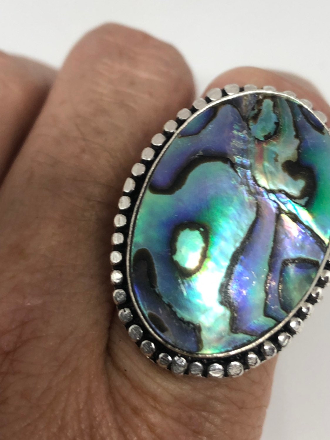 Antique Green Abalone White Bronze Silver Ring