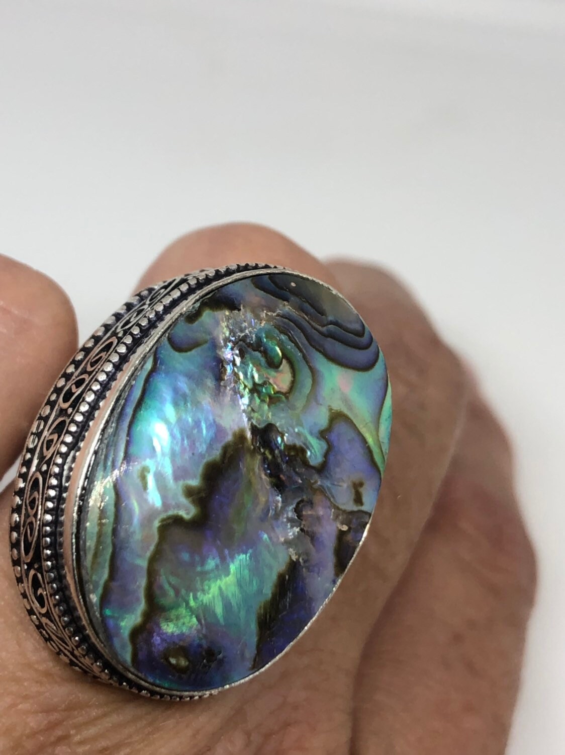 Antique Green Abalone White Bronze Silver Ring