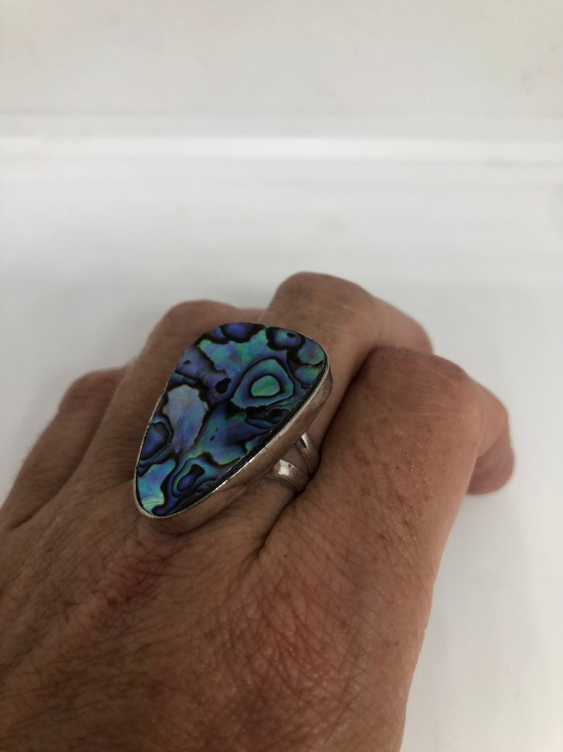 Antique Green Abalone White Bronze Silver Ring