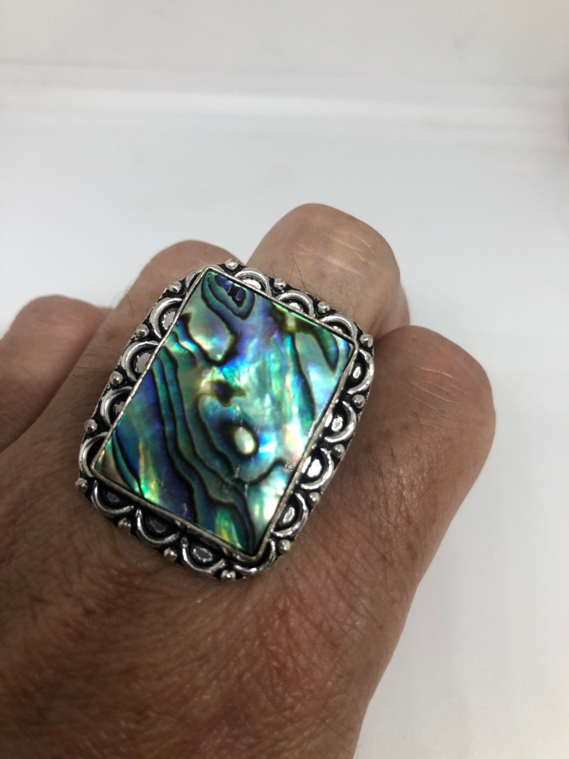 Antique Green Abalone White Bronze Silver Ring