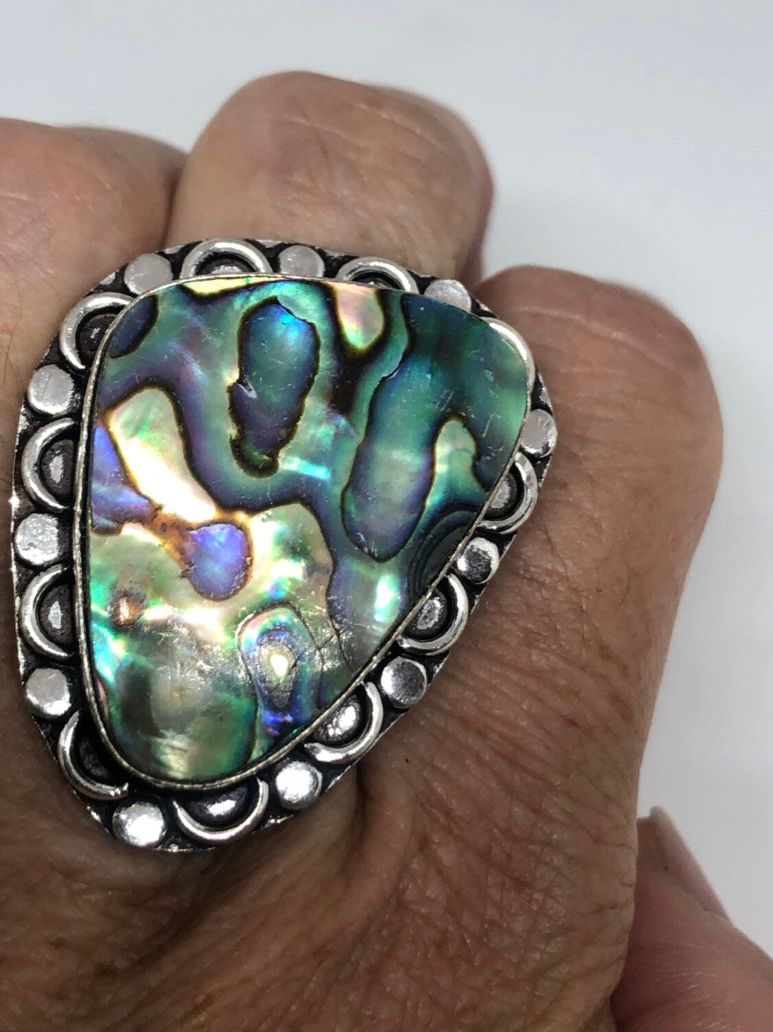 Antique Green Abalone White Bronze Silver Ring