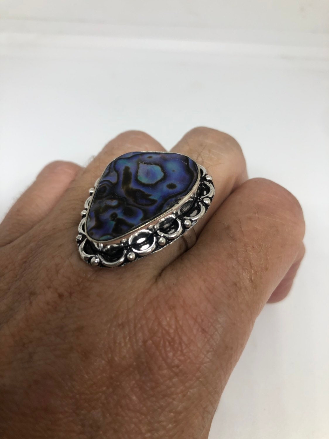 Antique Green Abalone White Bronze Silver Ring