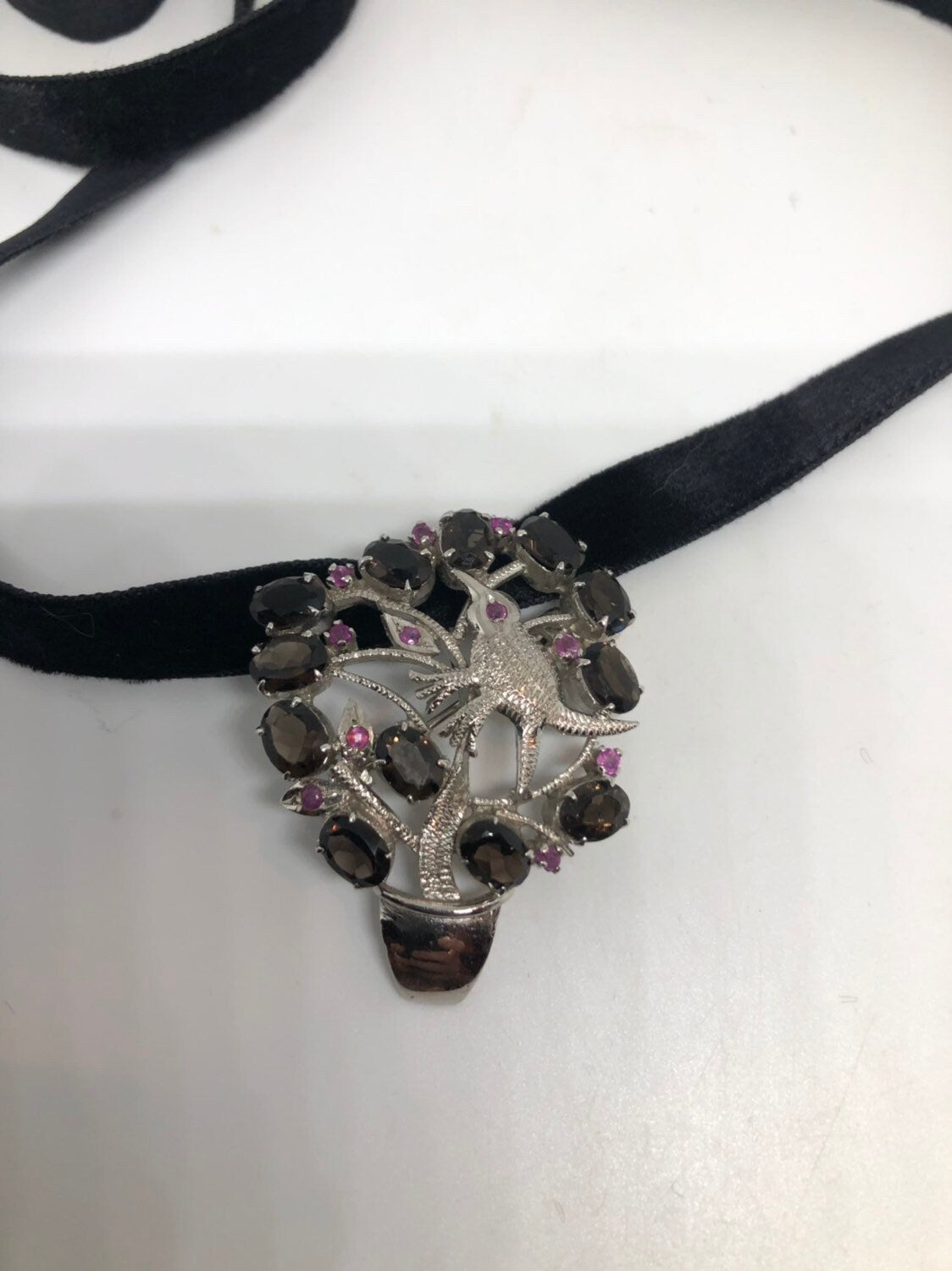 Vintage Handmade Smoky Topaz and Genuine Ruby 925 Sterling Silver Rhodium Brooch Necklace
