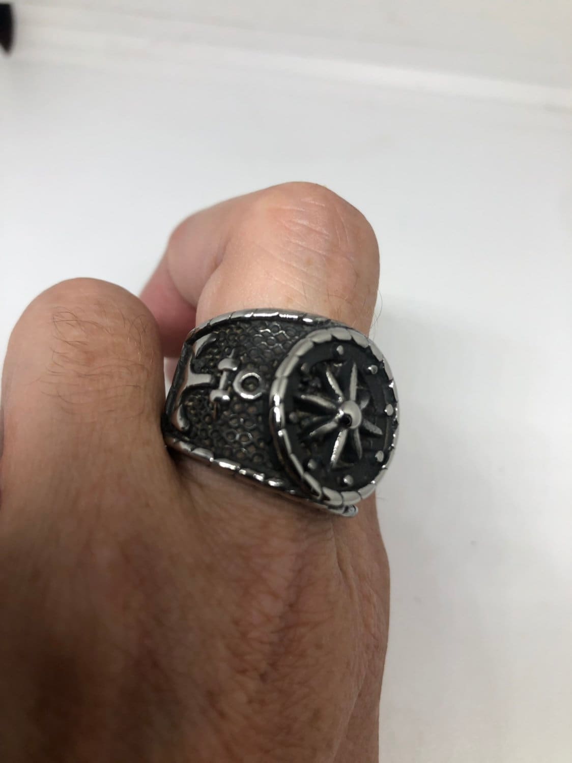 Vintage Gothic Silver Stainless Steel Navy Anchor Mens Ring