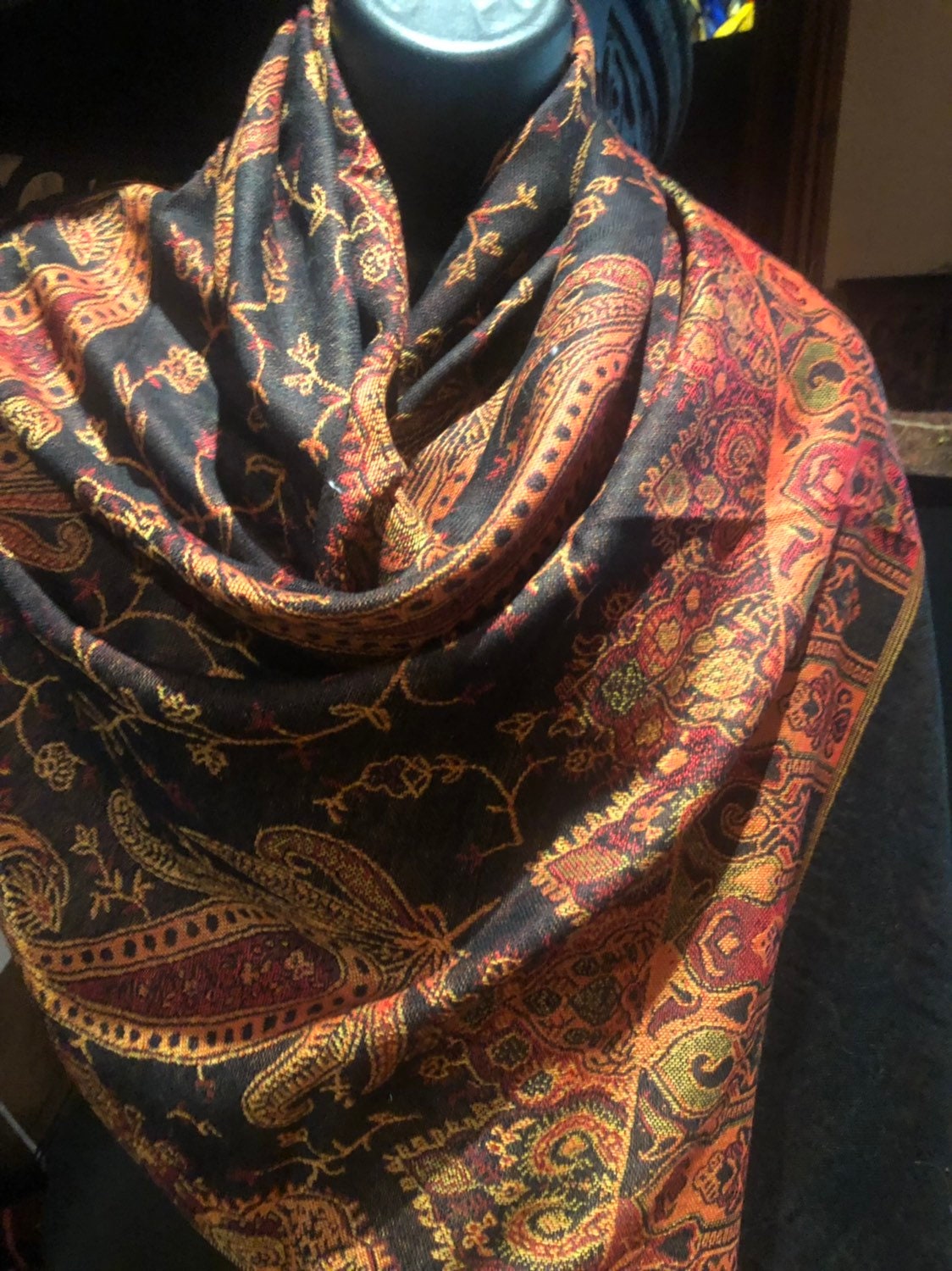 Nemesis Vintage Red Black Paisley Brocade Pashmina Scarf Wrap Shawl