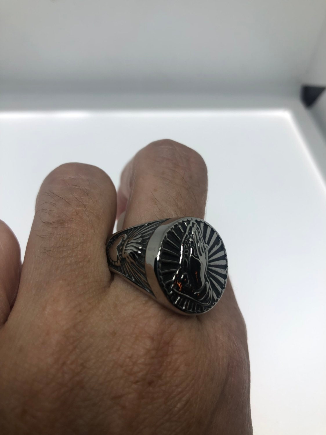 Vintage Gothic Silver Stainless Steel praying Hands sacred Heart Mens Ring