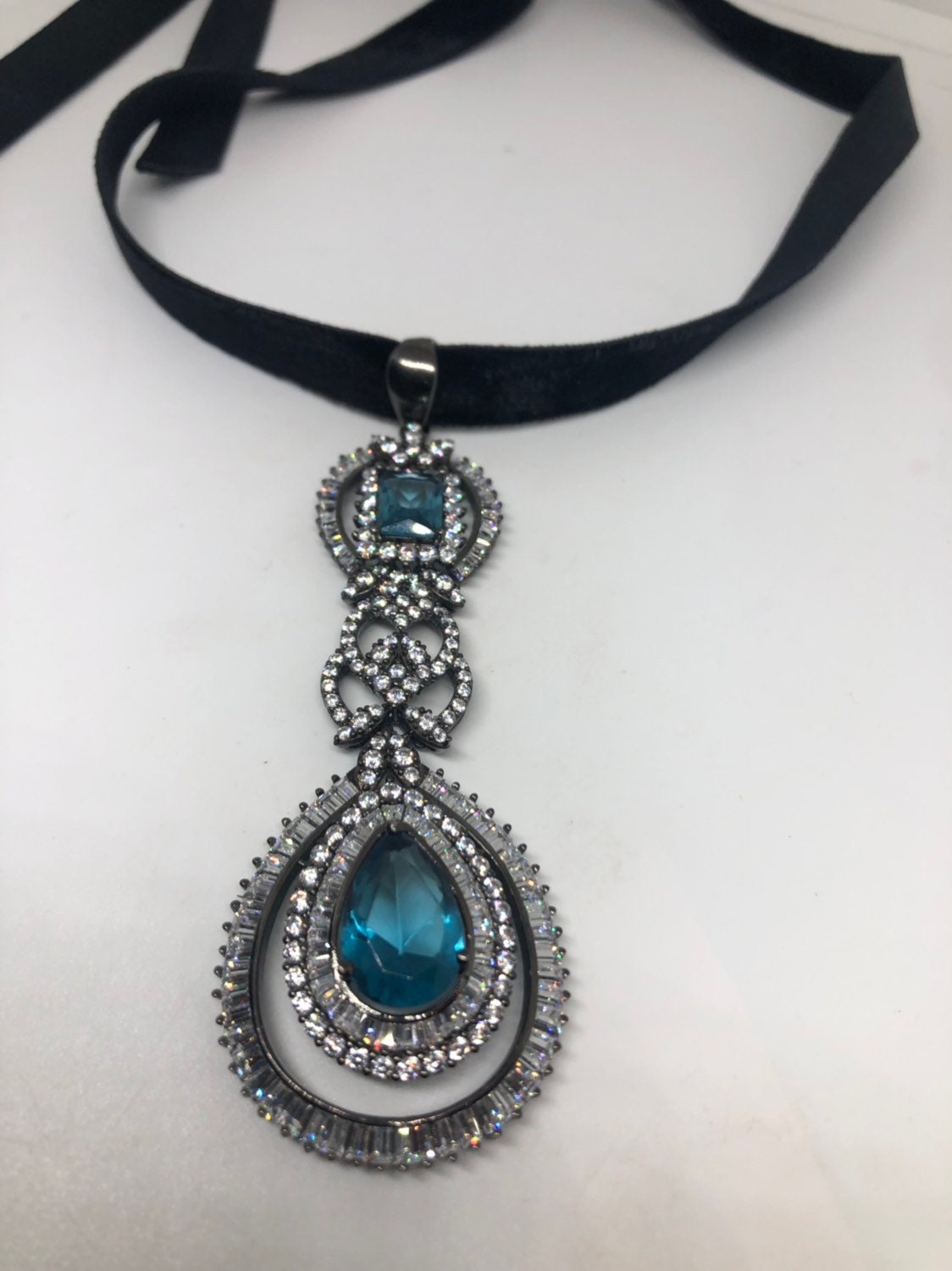 Vintage Handmade 925 Sterling Silver Clear and Blue Crystal Pendant