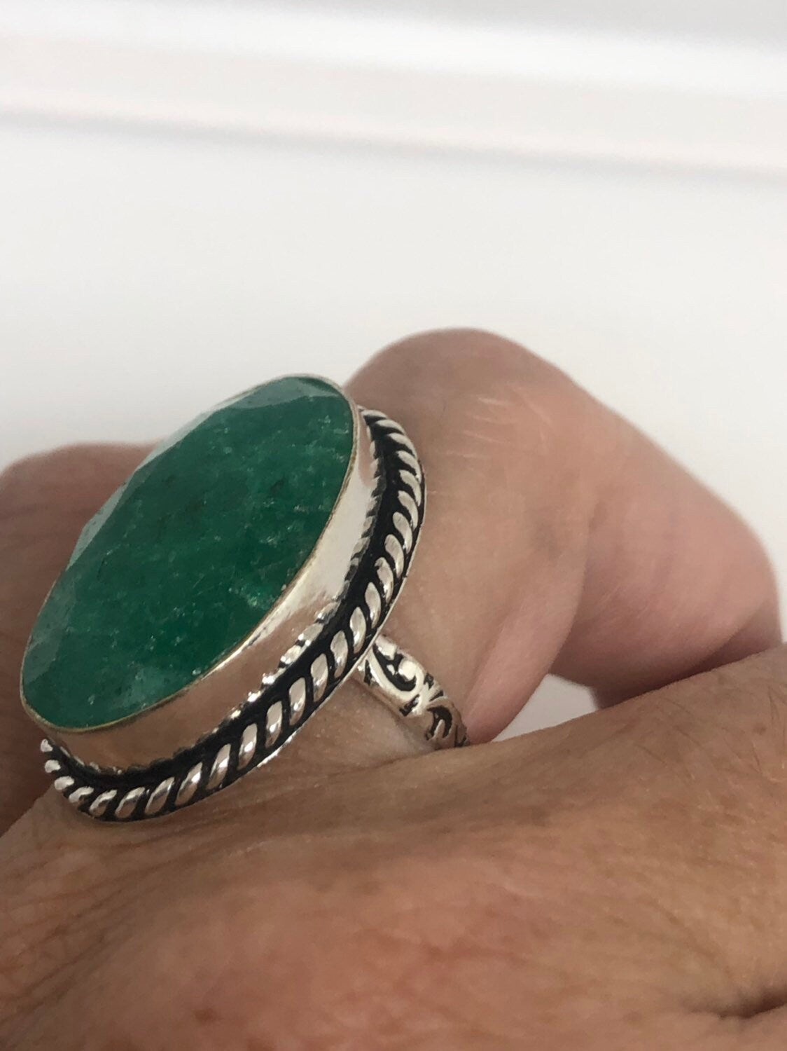 Vintage Green Raw Emerald Silver Bronze Statement Boho Ring