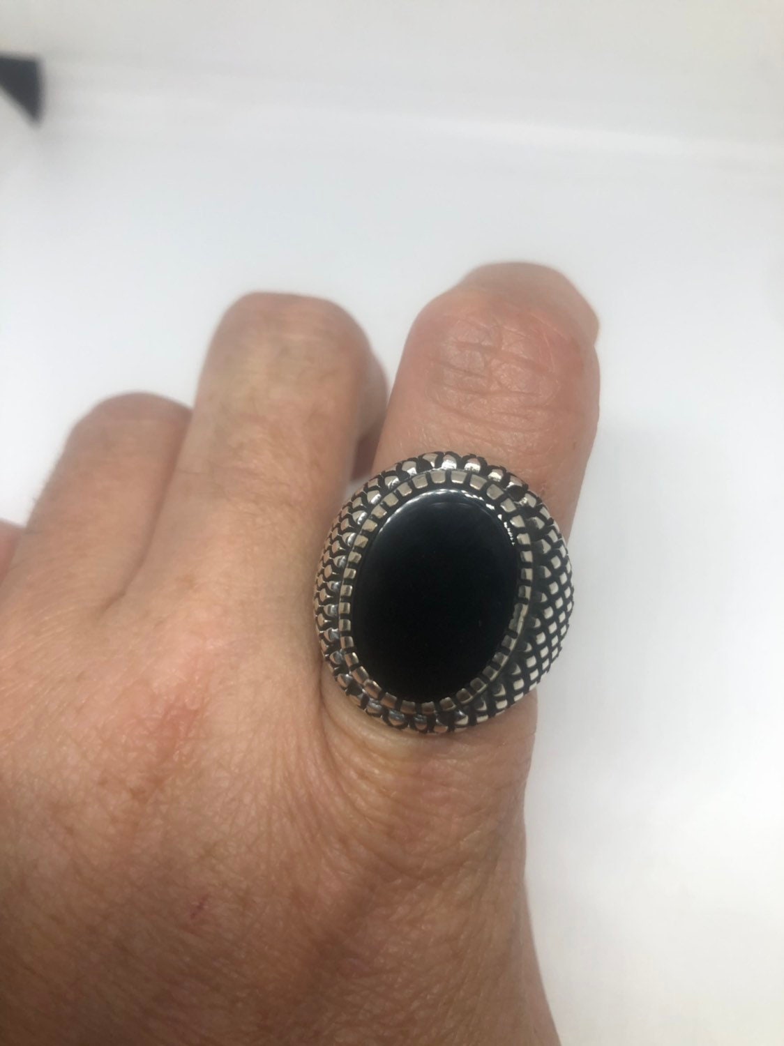 Vintage Gothic Sterling Silver Genuine Black Onyx Mens Ring