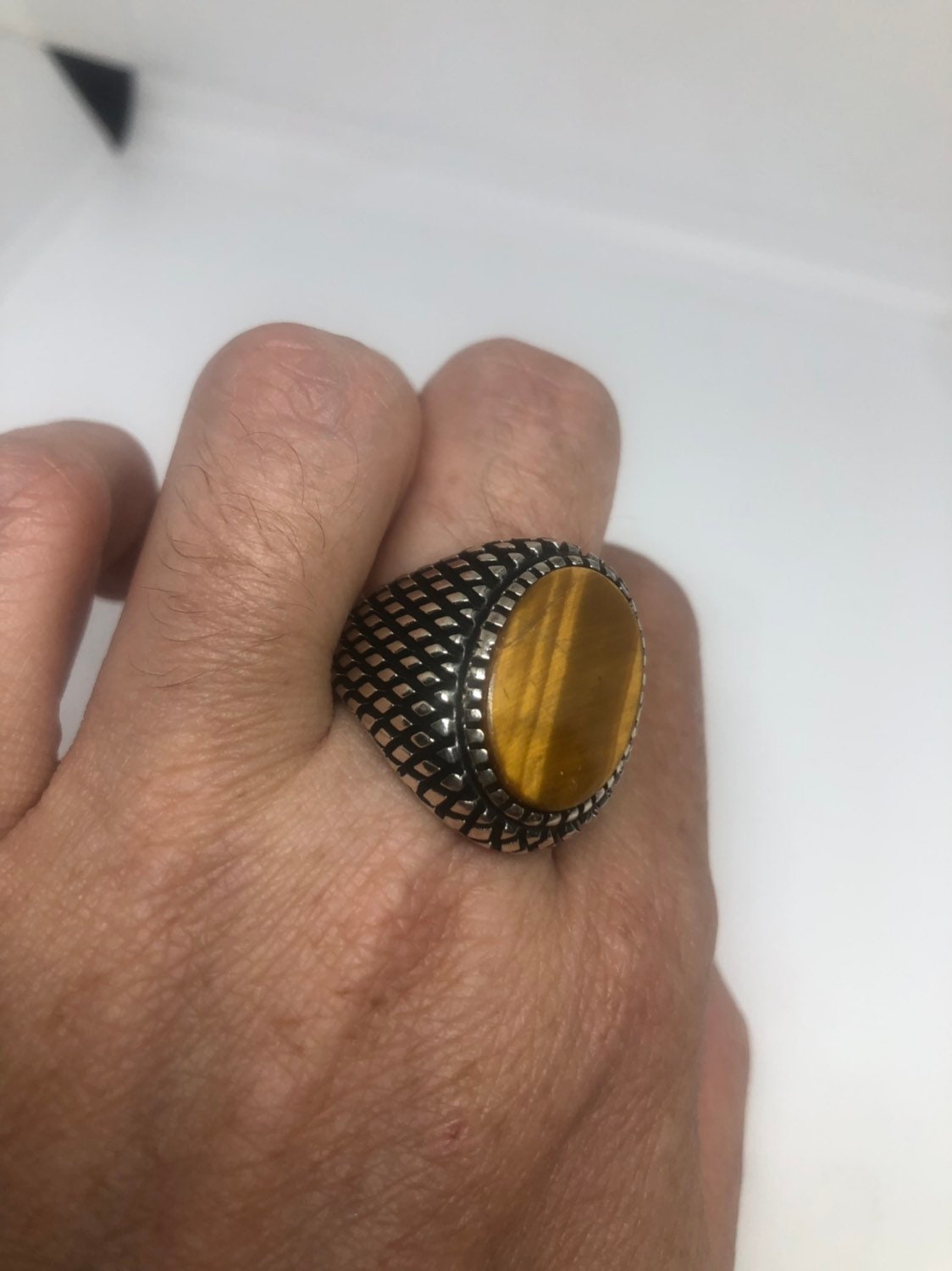 Vintage Gothic Sterling Silver Genuine Tigers Eye Mens Ring