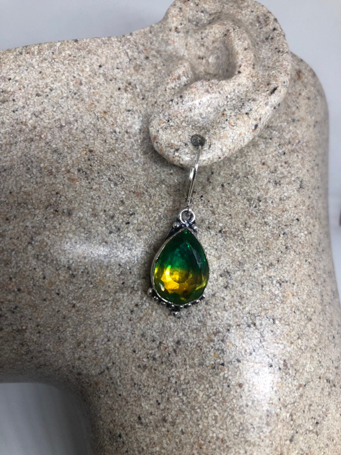 Antique Vintage Green Glass Silver Dangle Earrings