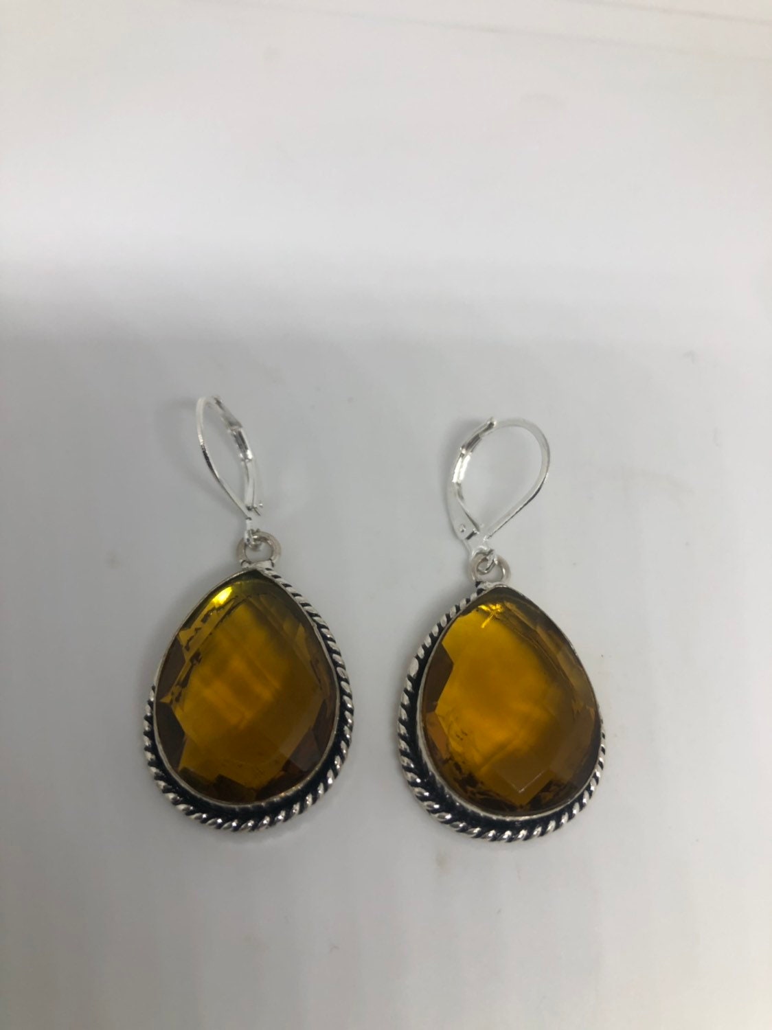 Antique Vintage Golden Volcanic Glass Silver Dangle Earrings