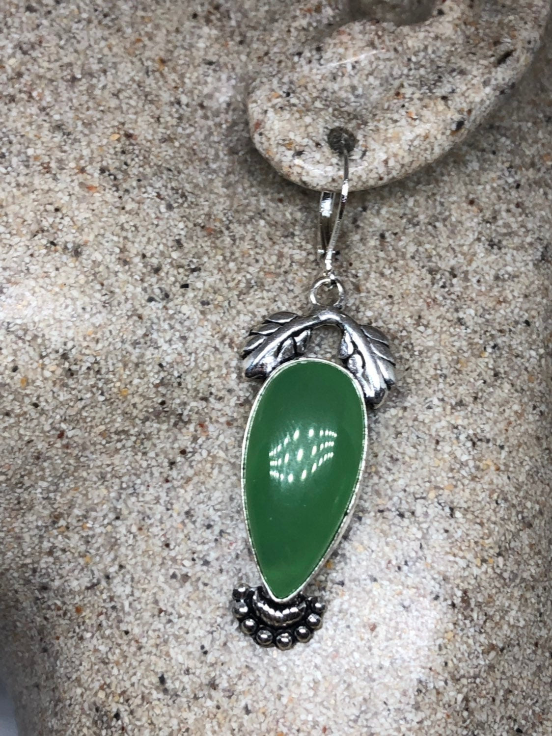 Vintage Fun Green Jade Gemstone Silver Earrings
