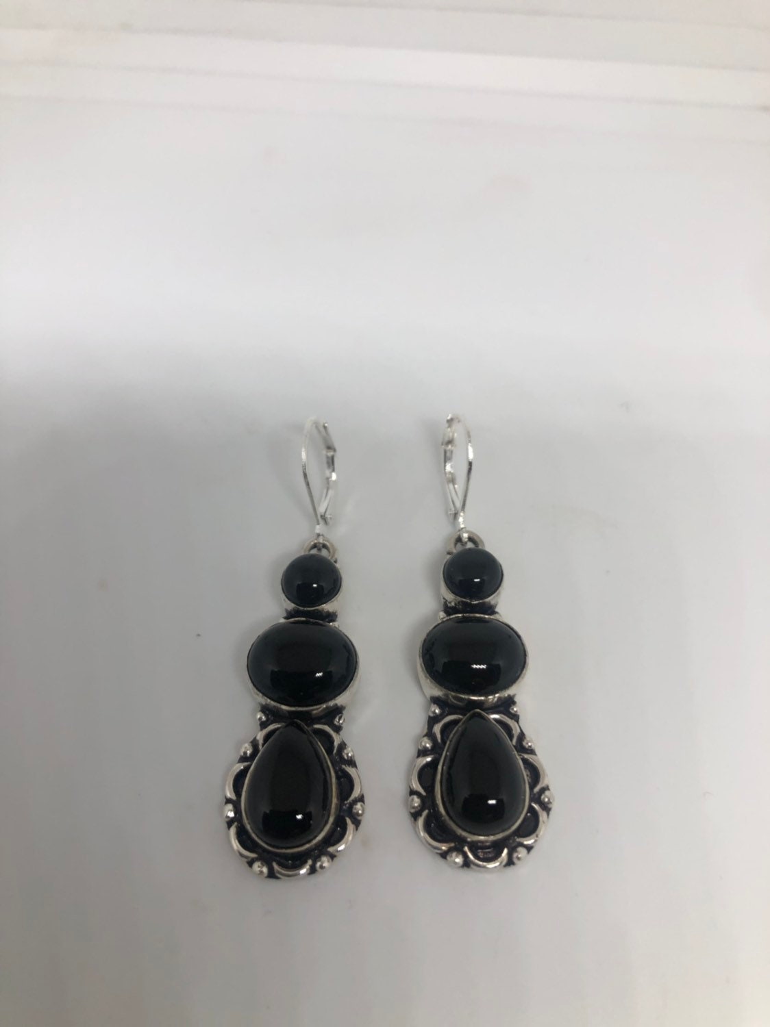 Vintage Genuine Faceted Black Onyx 925 Sterling Silver Deco Dangle Earrings