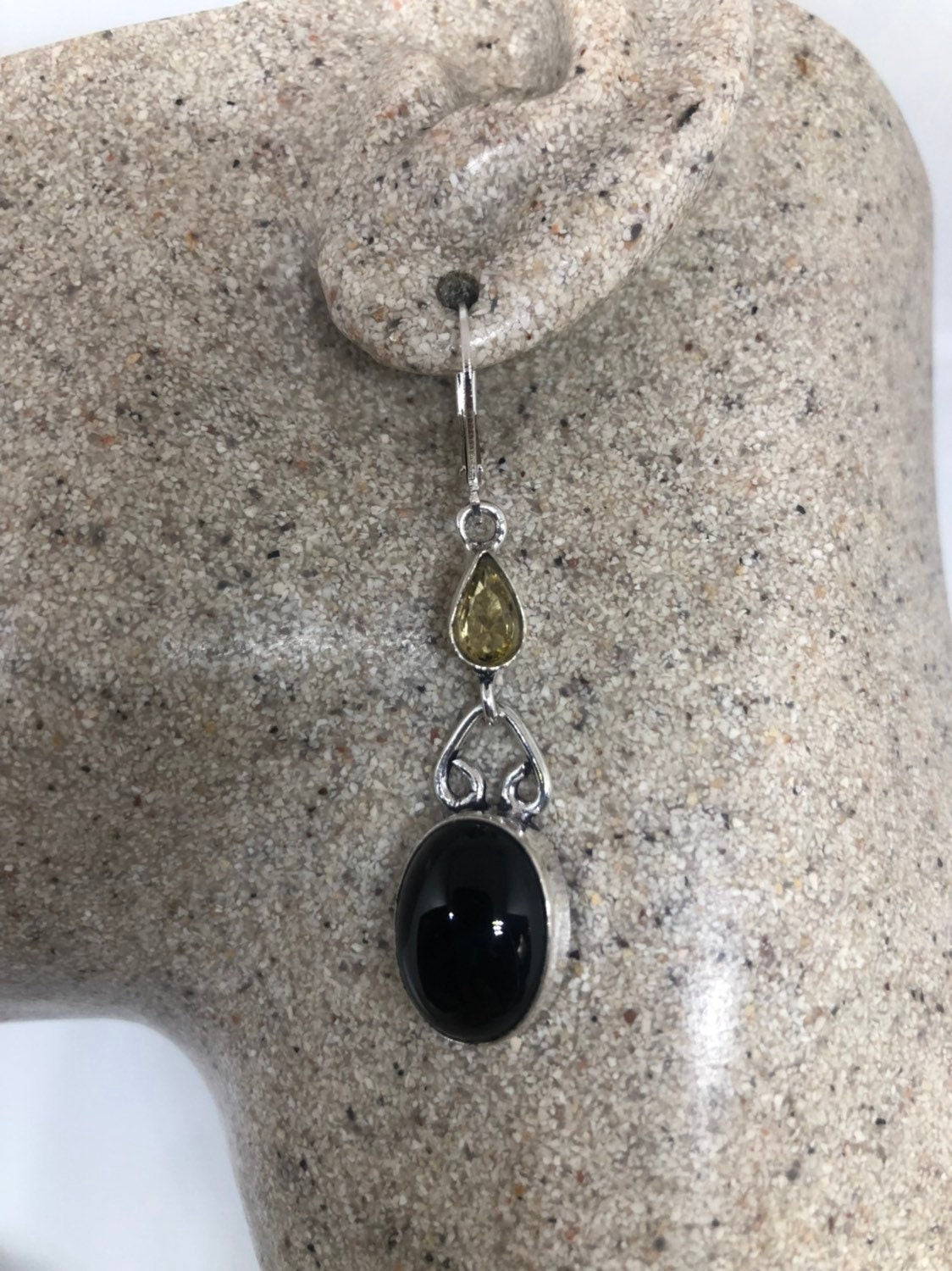 Vintage Genuine Faceted Black Onyx 925 Sterling Silver Deco Dangle Earrings