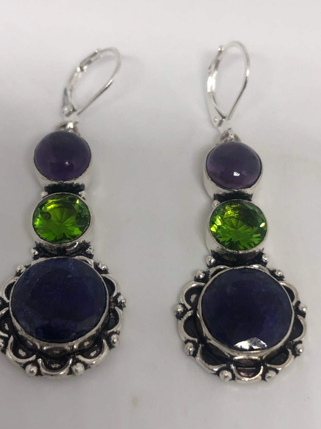 Antique Vintage Blue Lapis Lazuli with Peridot Silver Dangle Earrings