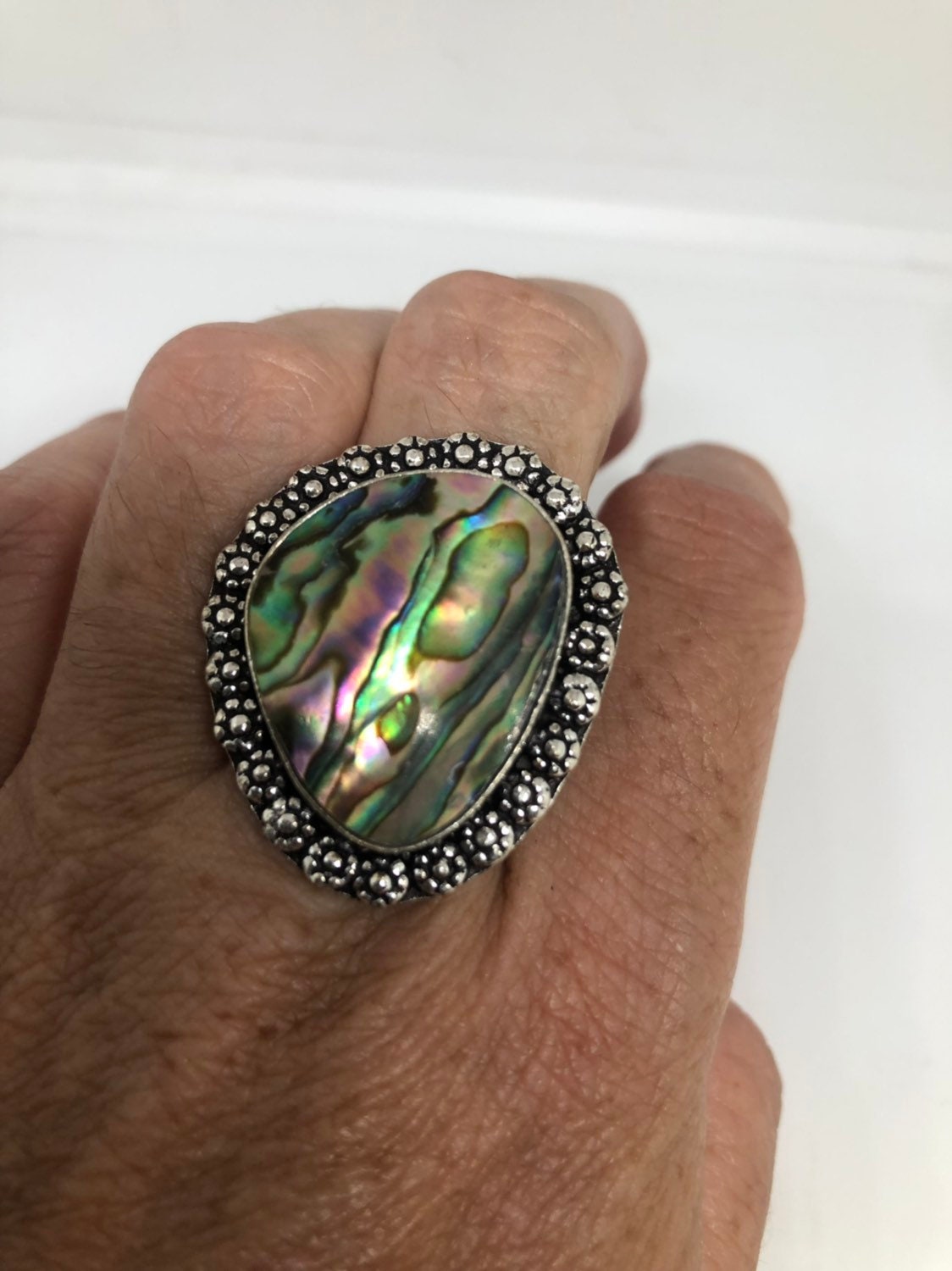 Antique Green Abalone White Bronze Silver Ring