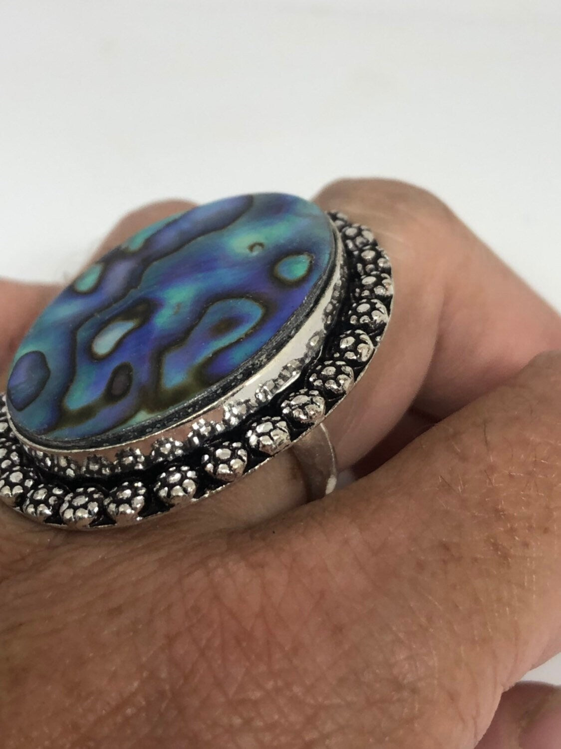 Antique Green Abalone White Bronze Silver Ring