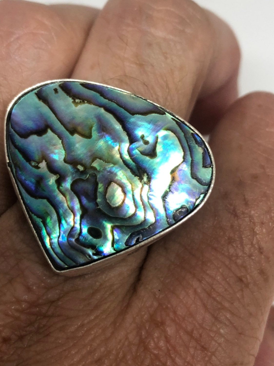 Antique Green Abalone White Bronze Silver Ring