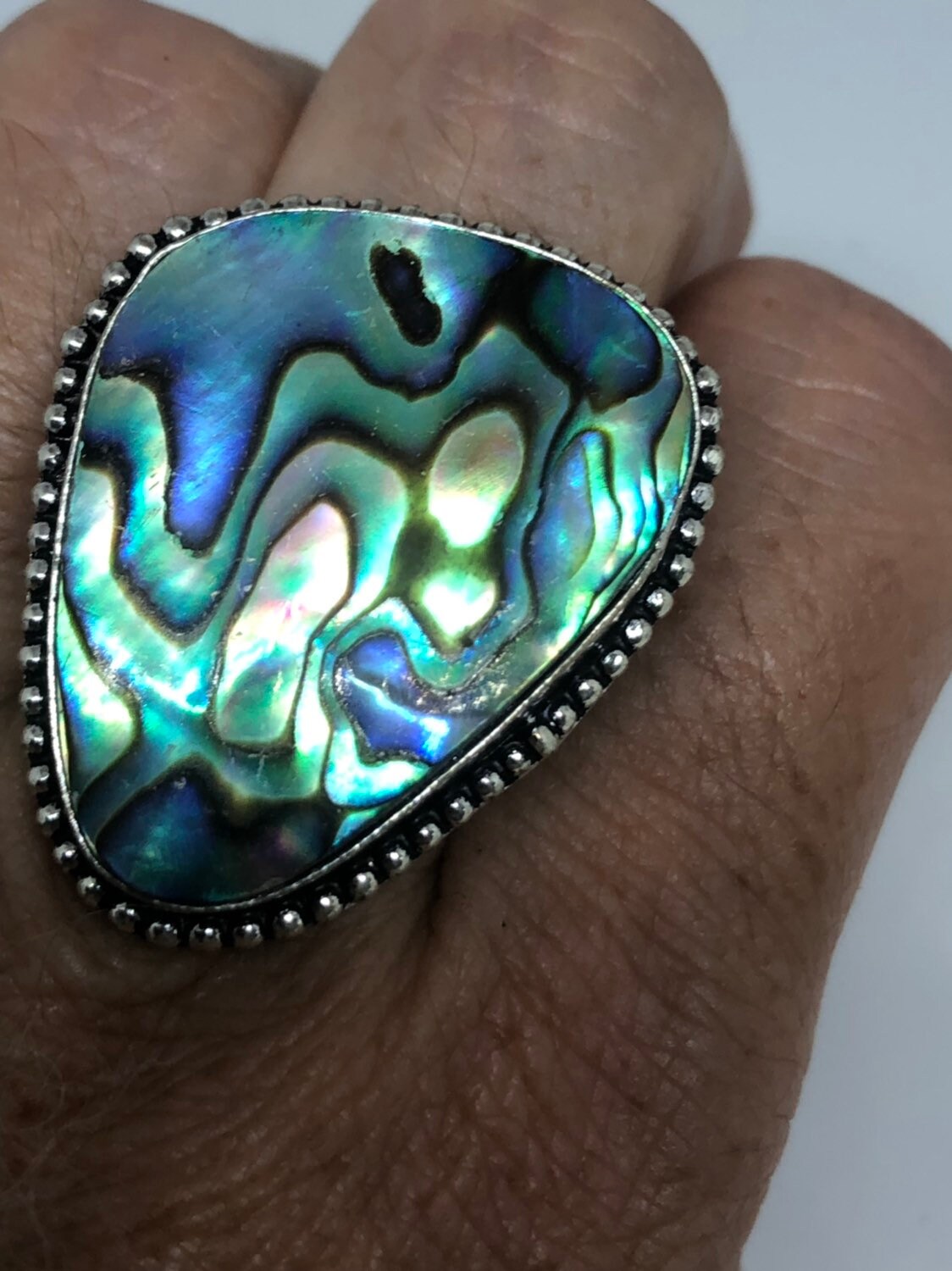Antique Green Abalone White Bronze Silver Ring
