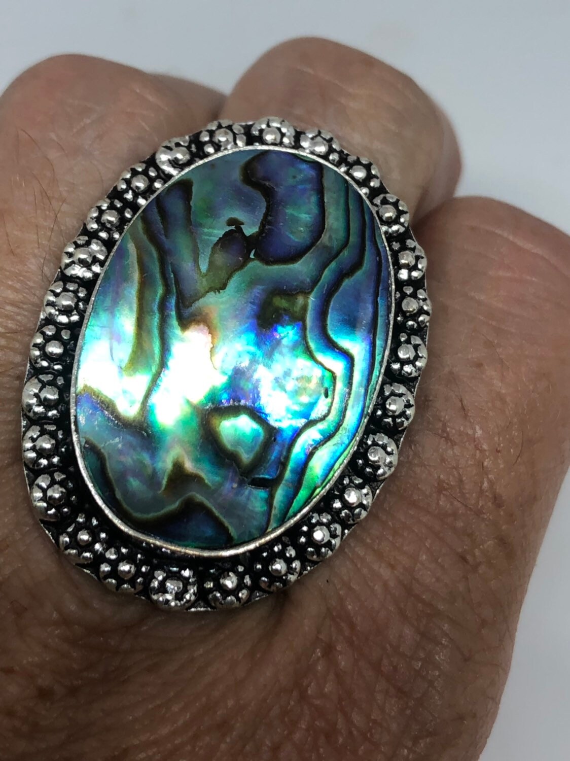 Antique Green Abalone White Bronze Silver Ring