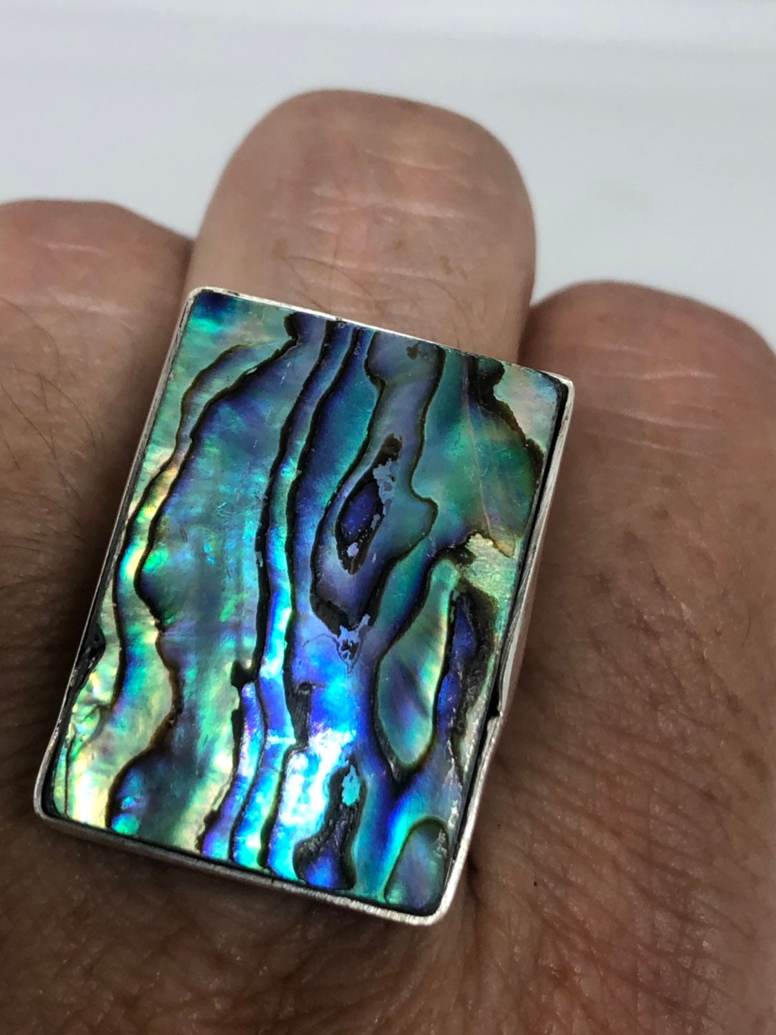 Antique Green Abalone White Bronze Silver Ring