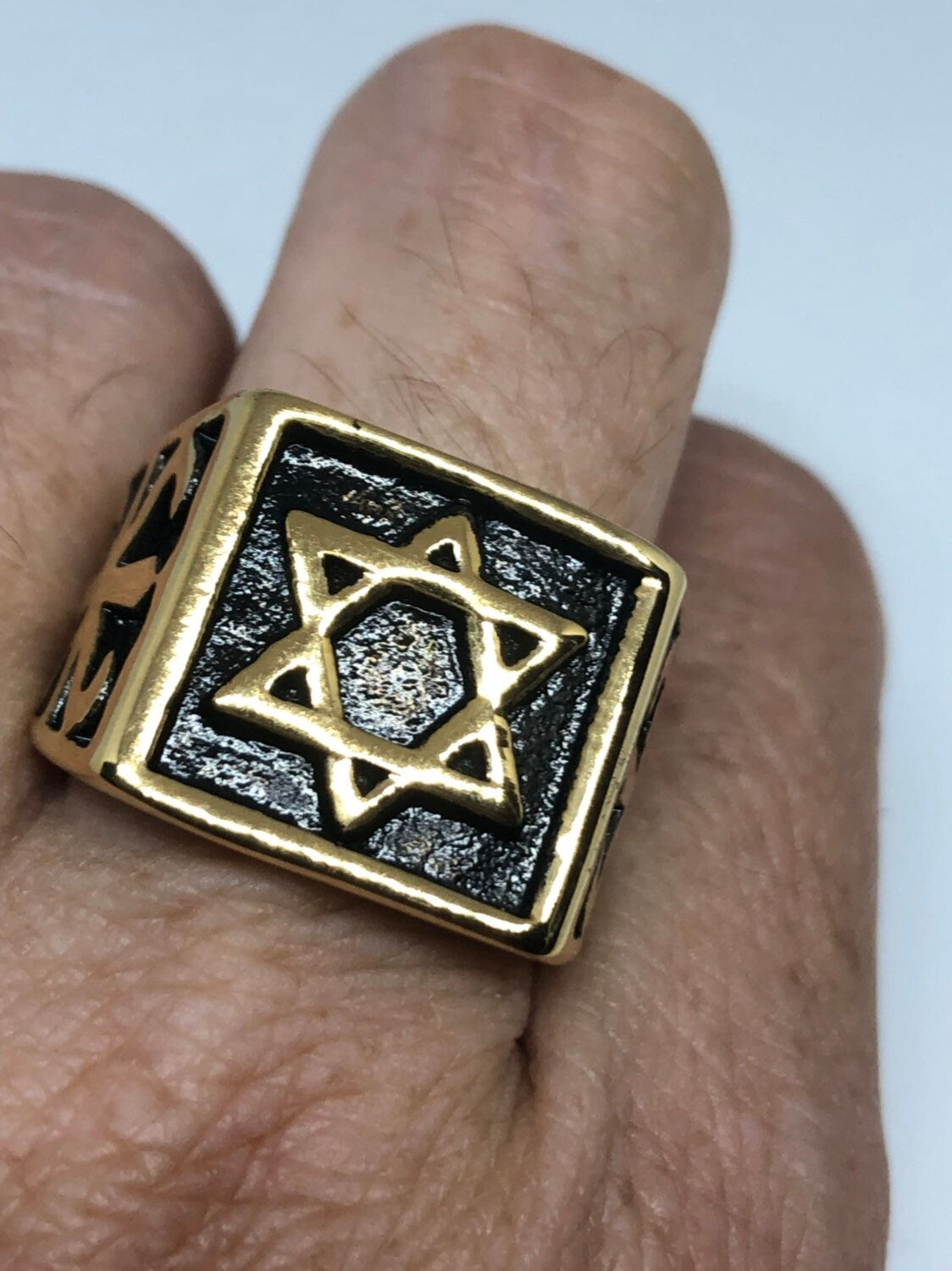 Vintage Golden Stainless Steel Star of David Mens Ring