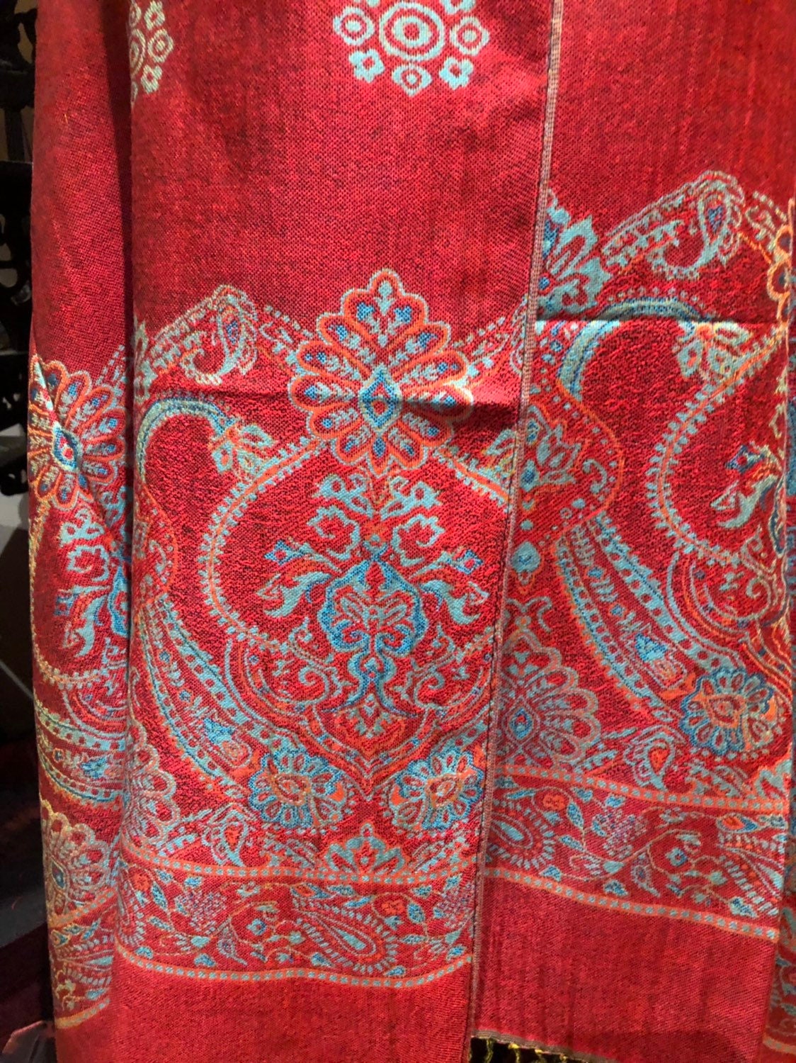 Vintage Red Blue Paisley Brocade Pashmina Scarf Wrap Scarf