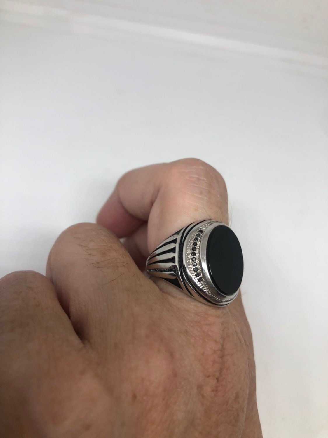 Vintage Gothic 925 Sterling Silver Genuine Black Onyx Mens Ring