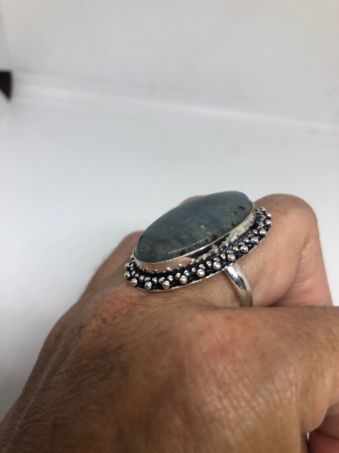 Vintage Blue Green Labradorite Stone Silver Ring
