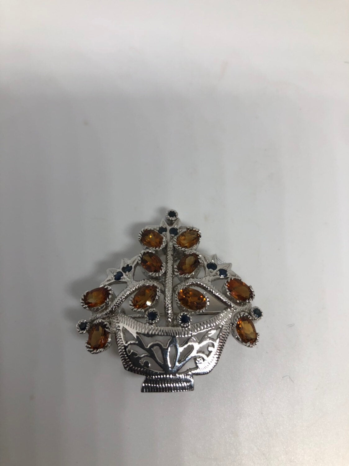 Vintage Handmade 925 Sterling Silver Genuine Citrine Antique pin Pendant Necklace