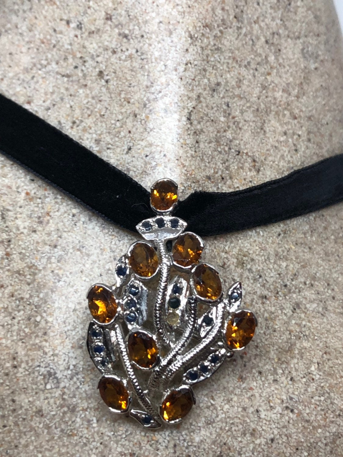 Vintage Handmade 925 Sterling Silver Genuine Citrine Antique pin Pendant Necklace