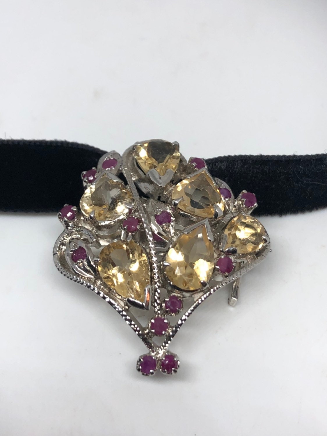 Vintage Handmade 925 Sterling Silver Genuine Citrine Antique pin Pendant Necklace
