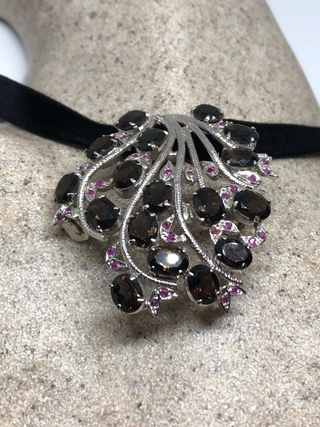 Vintage Handmade Smoky Topaz and Genuine Ruby 925 Sterling Silver Rhodium Brooch Necklace