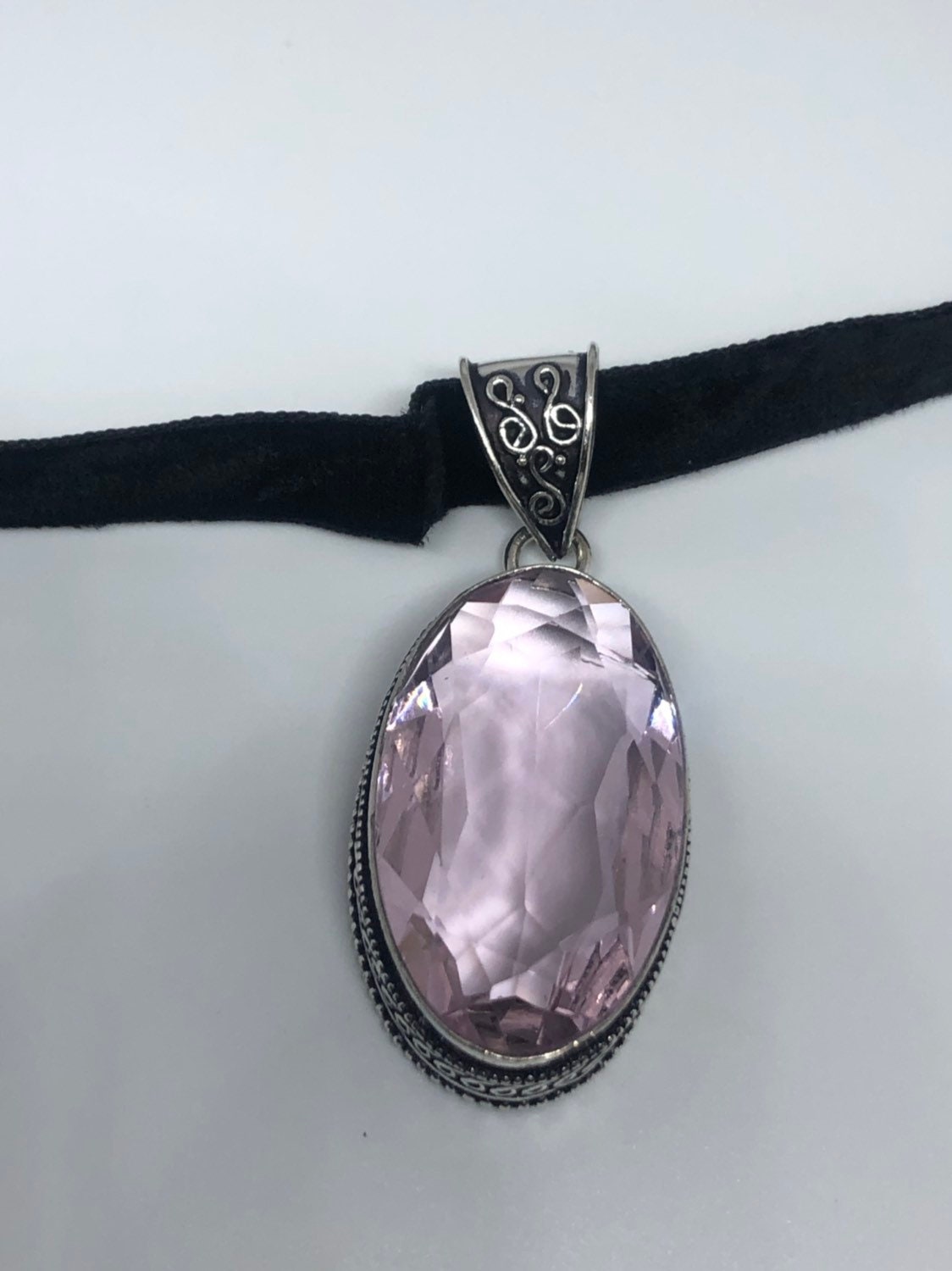 Vintage Handmade Silver Finish Rose Quartz Choker Pendant