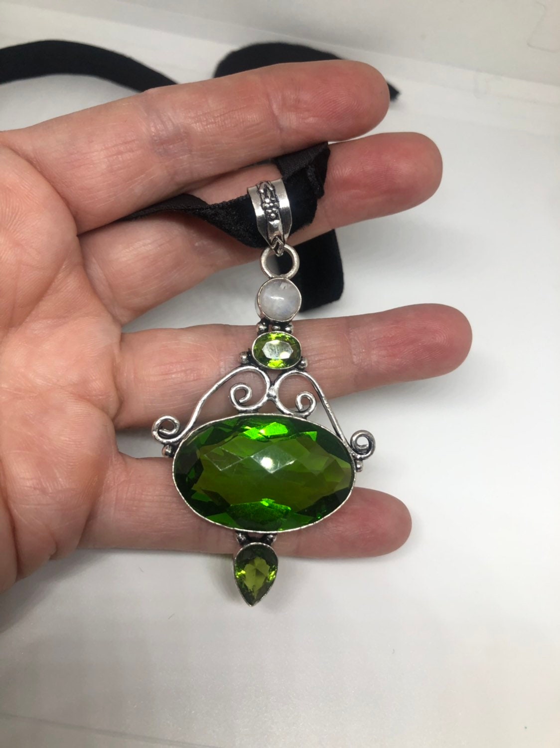 Vintage Handmade Silver Genuine Peridot and Vintage Peridot Glass Pendant