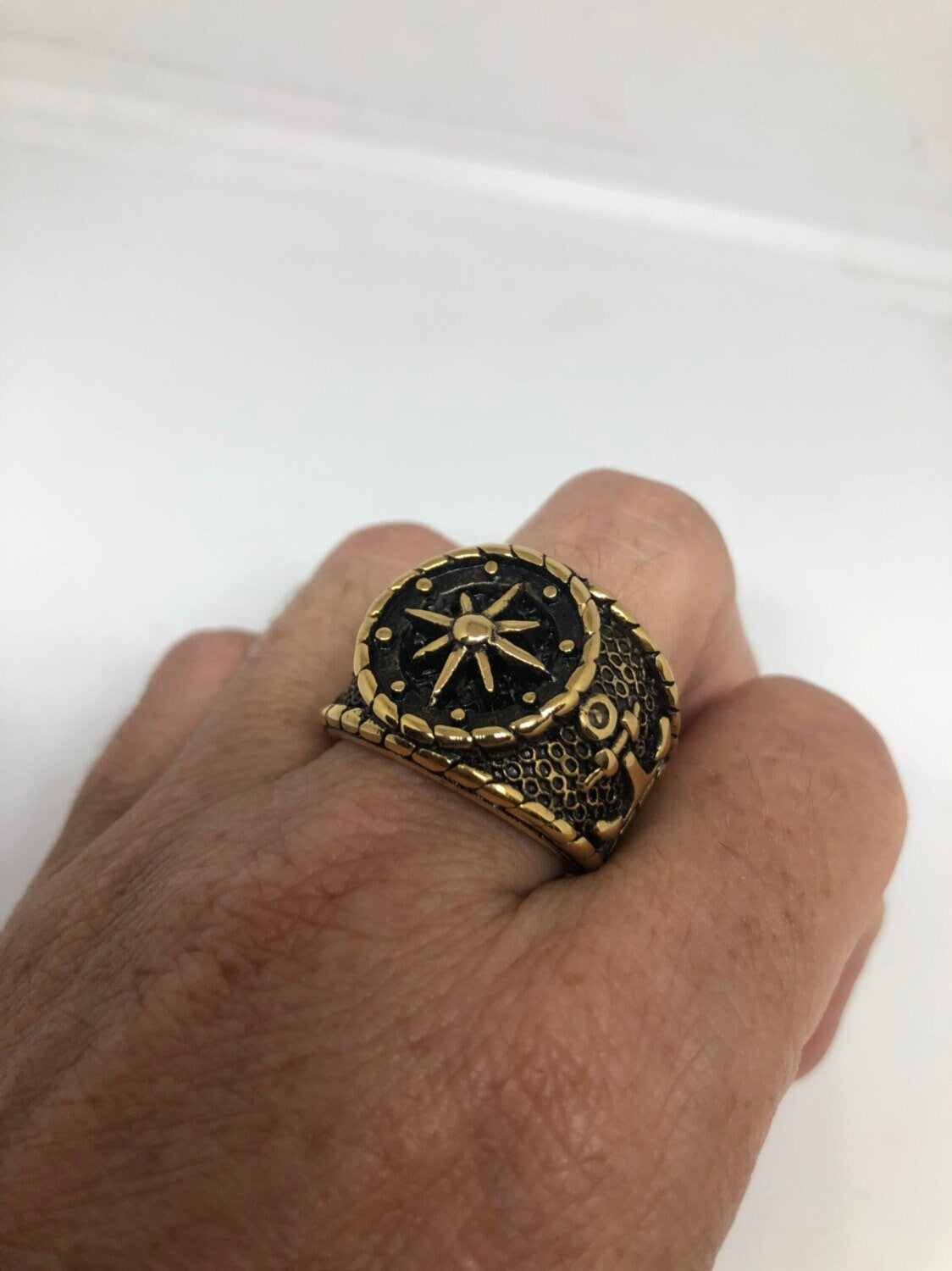 Vintage Gothic Golden Stainless Steel Navy Anchor Mens Ring